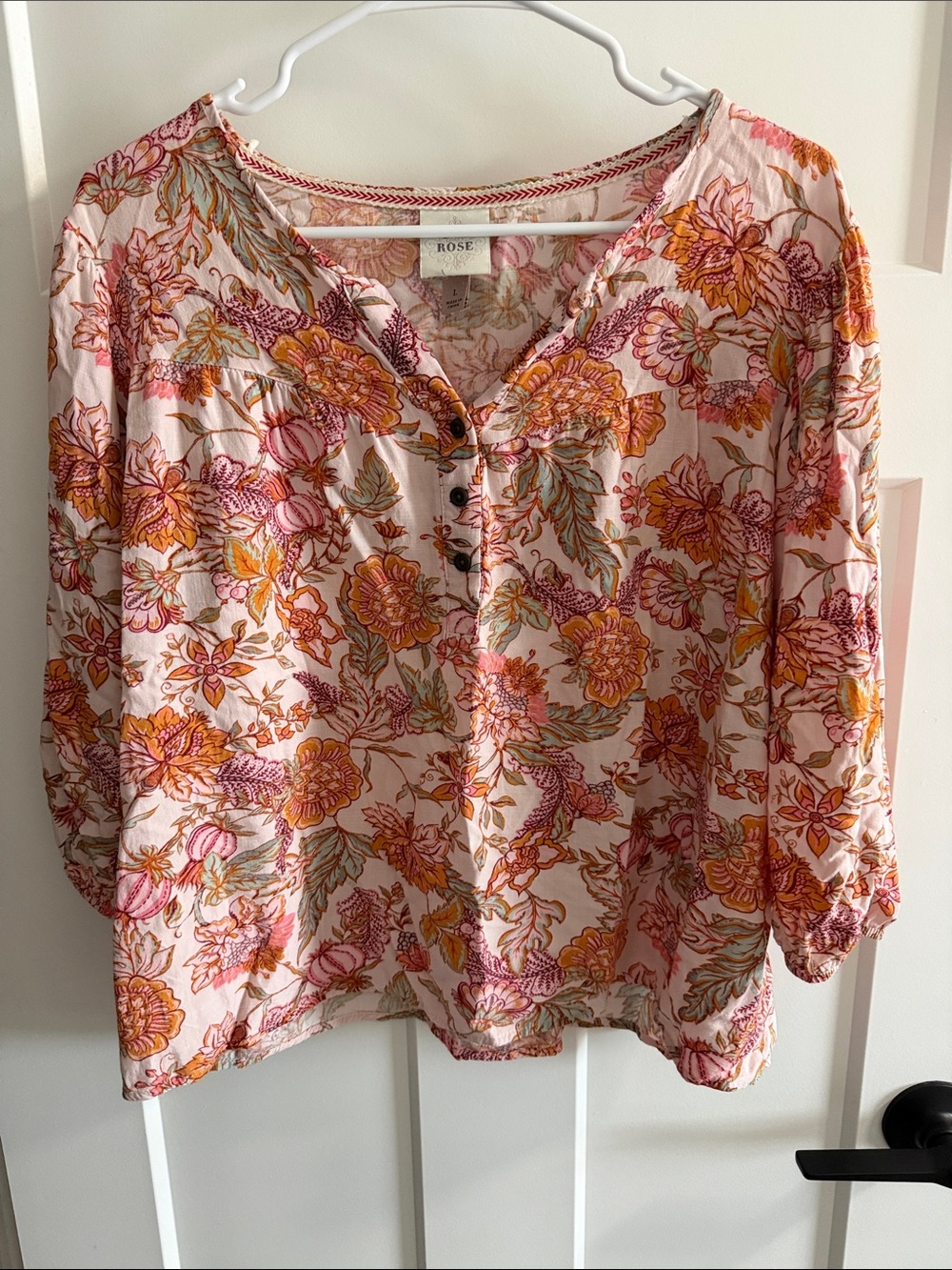 Knox Rose Pink and Orange Floral Henley Tunic